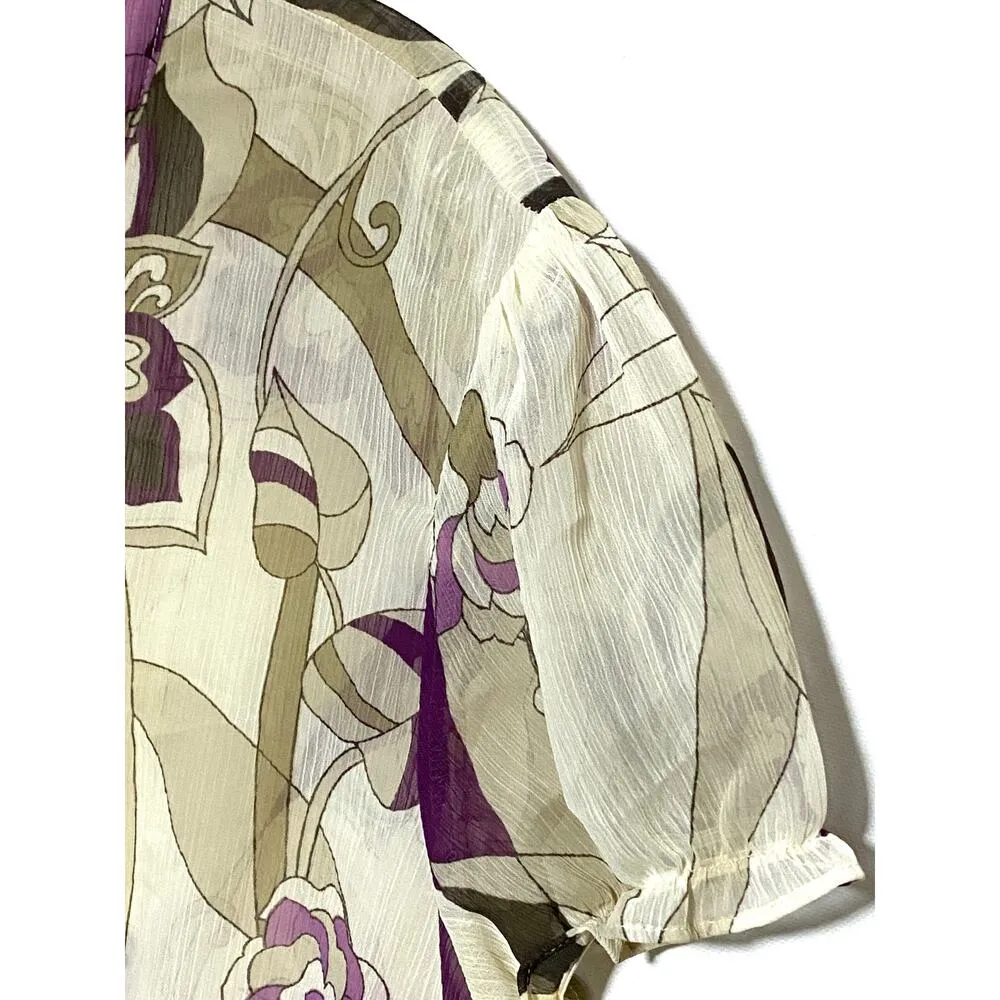 Worthington Button Blouse Floral Purple Polyester Womens 16 Sheer Sash Belt - Image 6