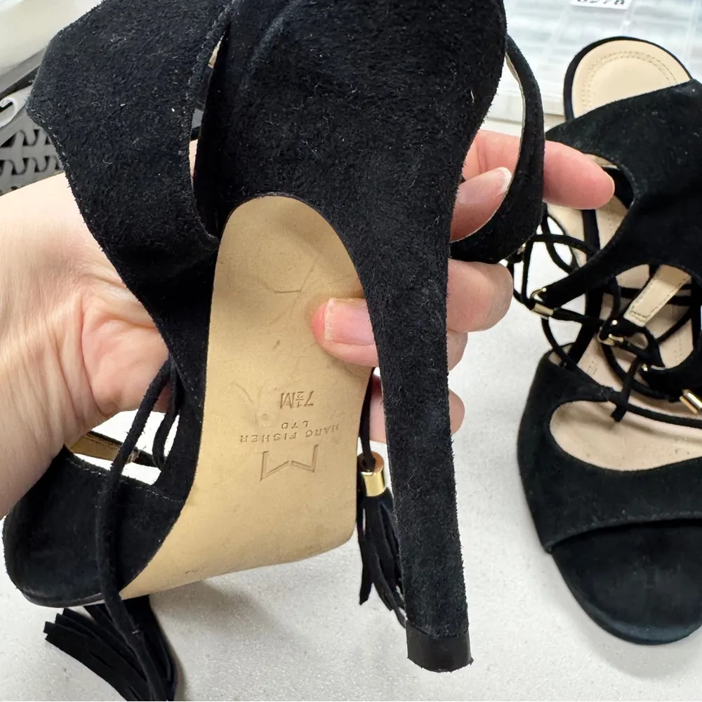 Marc Fisher Black Suede Strappy Lace Up Stiletto Heels Womens 7.5 Mllarsa Fringe - Image 8