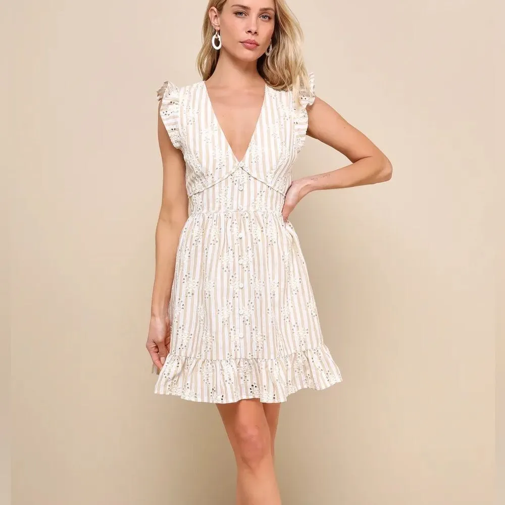 Lulus Sunny Crush Striped Embroidered Mini Dress Beige/Ivory M NWT IN PACKAGE - Image 3