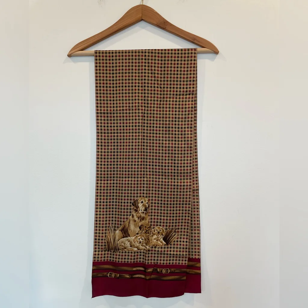 VTG 100% Silk Scarf Burgundy Beige Houndstooth Dog Print Old Money Quiet Luxury - Image 3