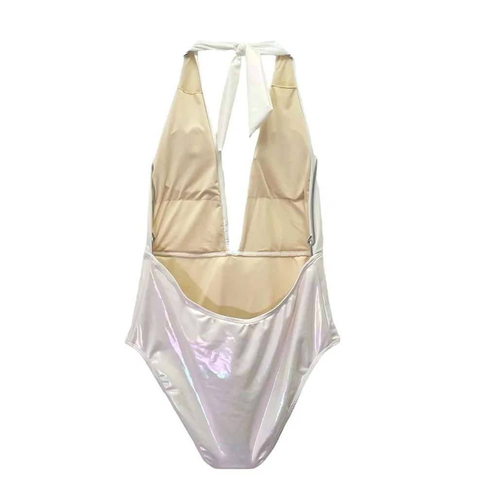 NWT Beach Joy White Metallic Plunge One Piece Swimsuit Size Medium Bridal Bow - Image 2