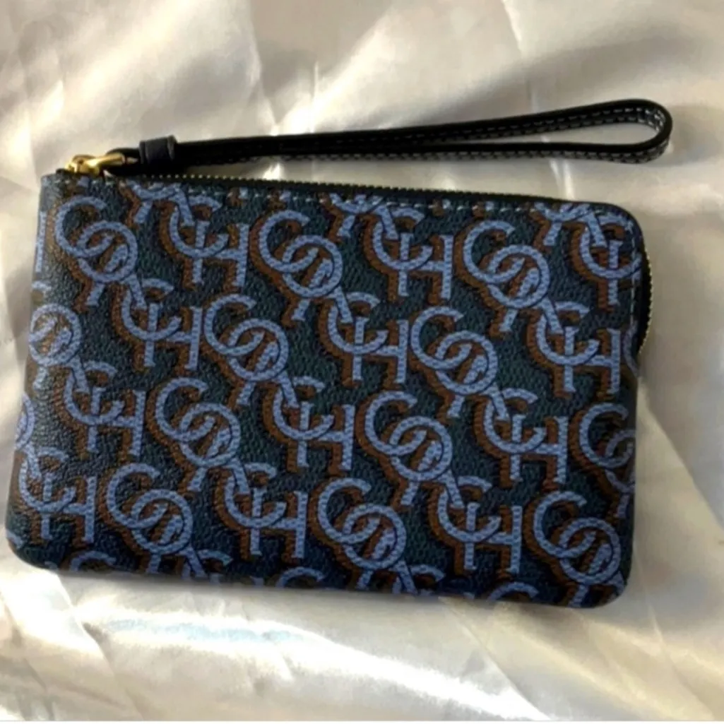 COACH CORNER ZIP WRISTLET MONOGRAM PRINT NAVY LIGHT BLUE NWT! - Image 4
