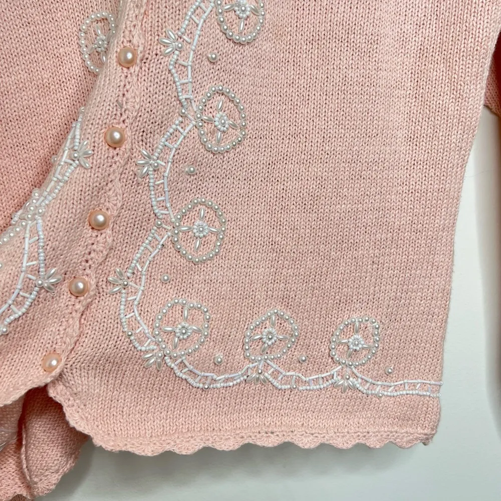Vintage Eve Tyler Pink Pearl Beaded Sweater Cardigan Button Up Size Large - Image 10