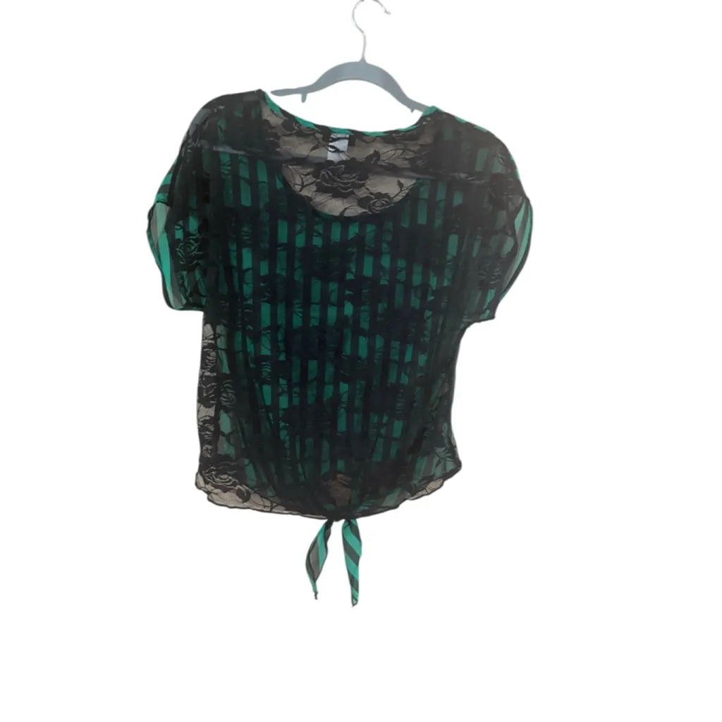 Women's Ultra Flirt Green & Black Striped Short Sleeve Tee M - Image 4