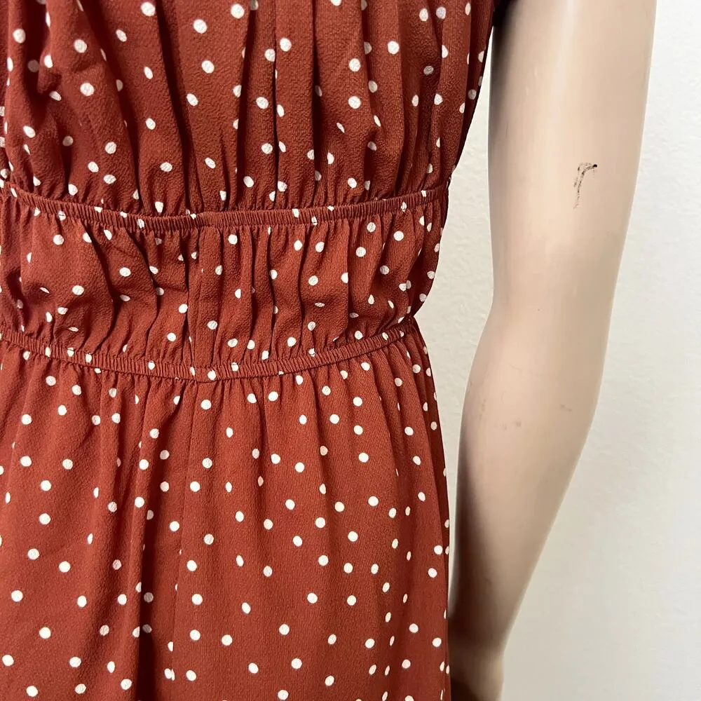 [ASOS] Brown White Polka Dot Print Babydoll Shirred Puff Sleeve Mini Dress Sz 14 - Image 7