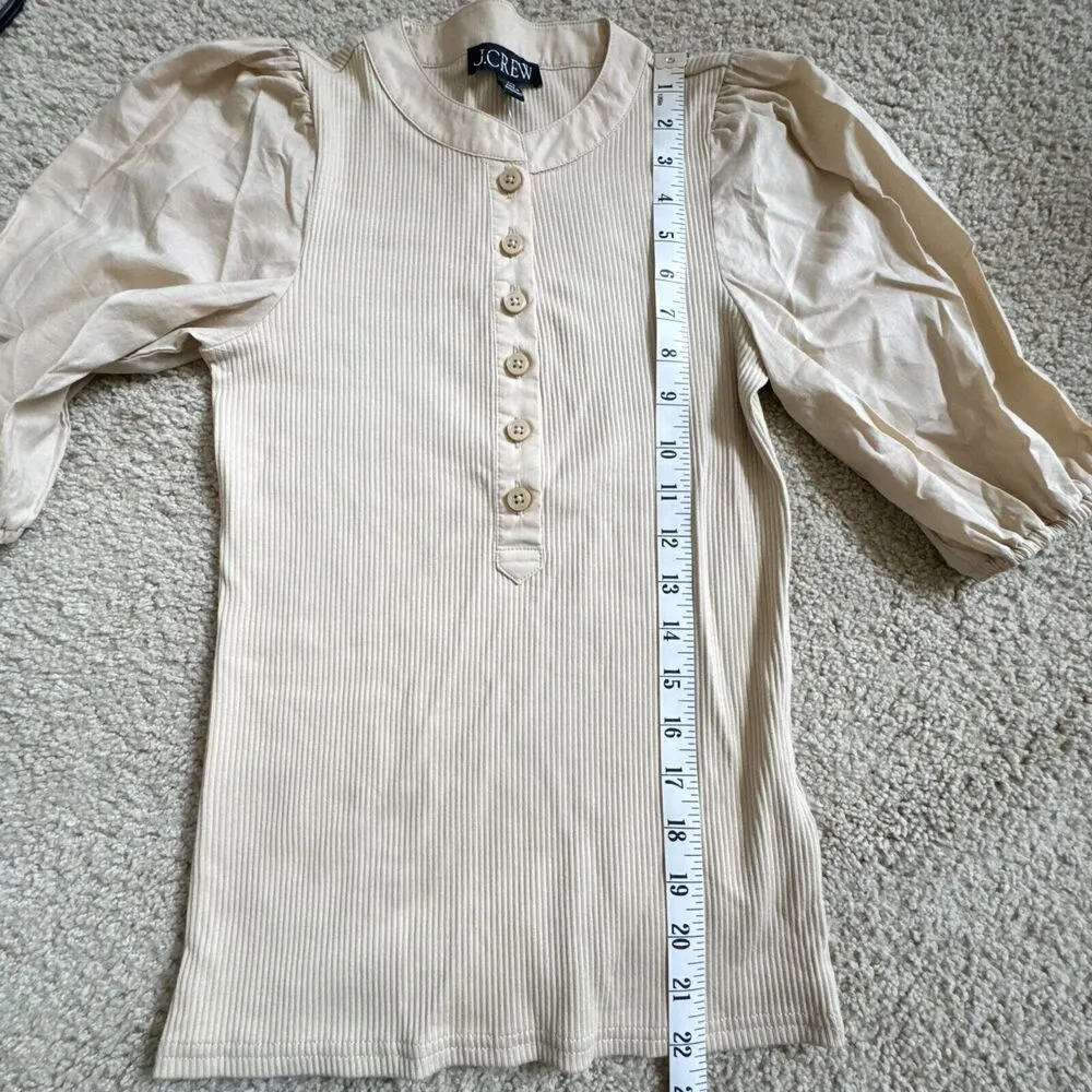 J.Crew New Vintage Rib Puff Sleeve Henley Top in Light Khaki Natural Size XXS - Image 7