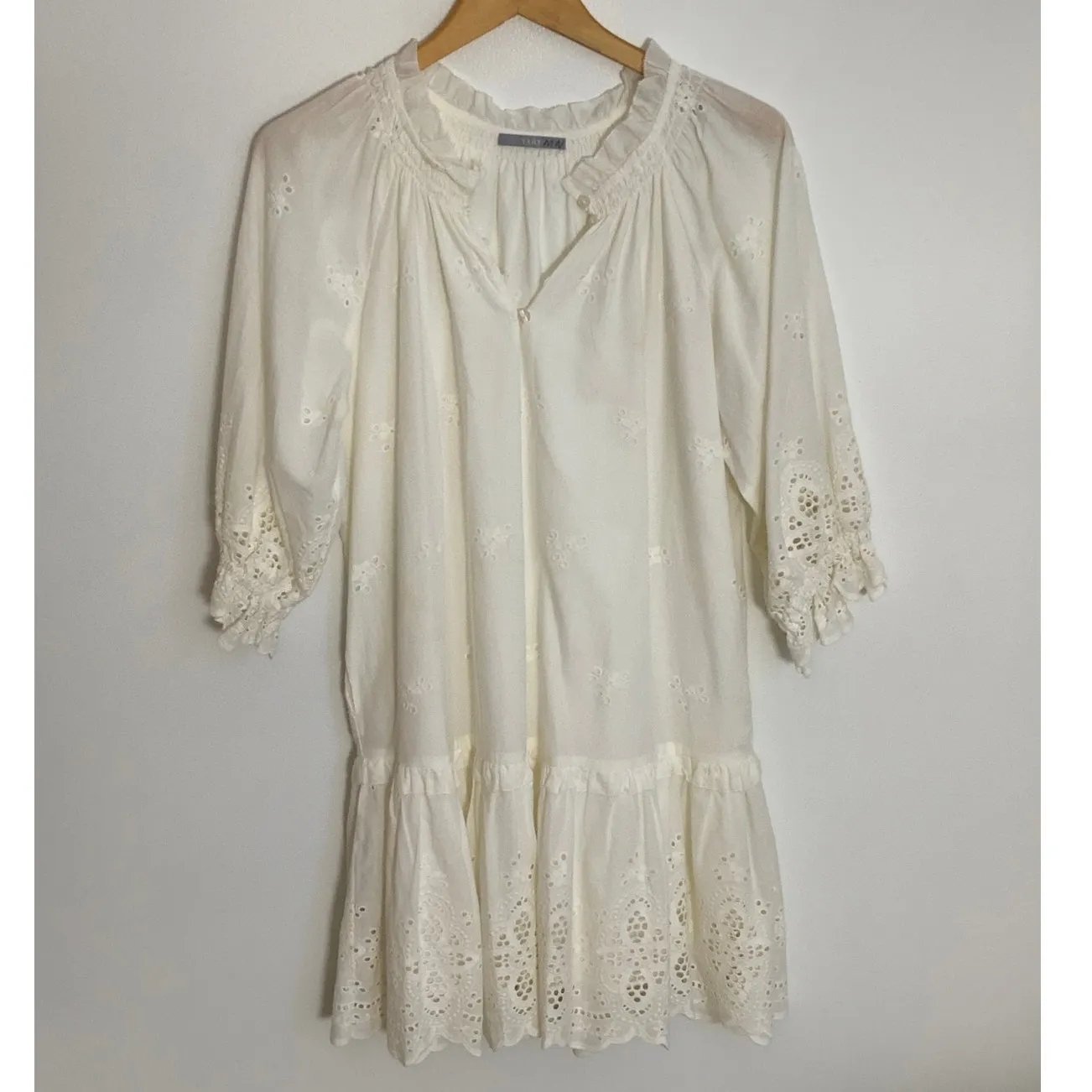 Tart Mia White Eyelet Shift Dress‎ Women Ruffle Hem Peasant Cotton Mini - Image 2