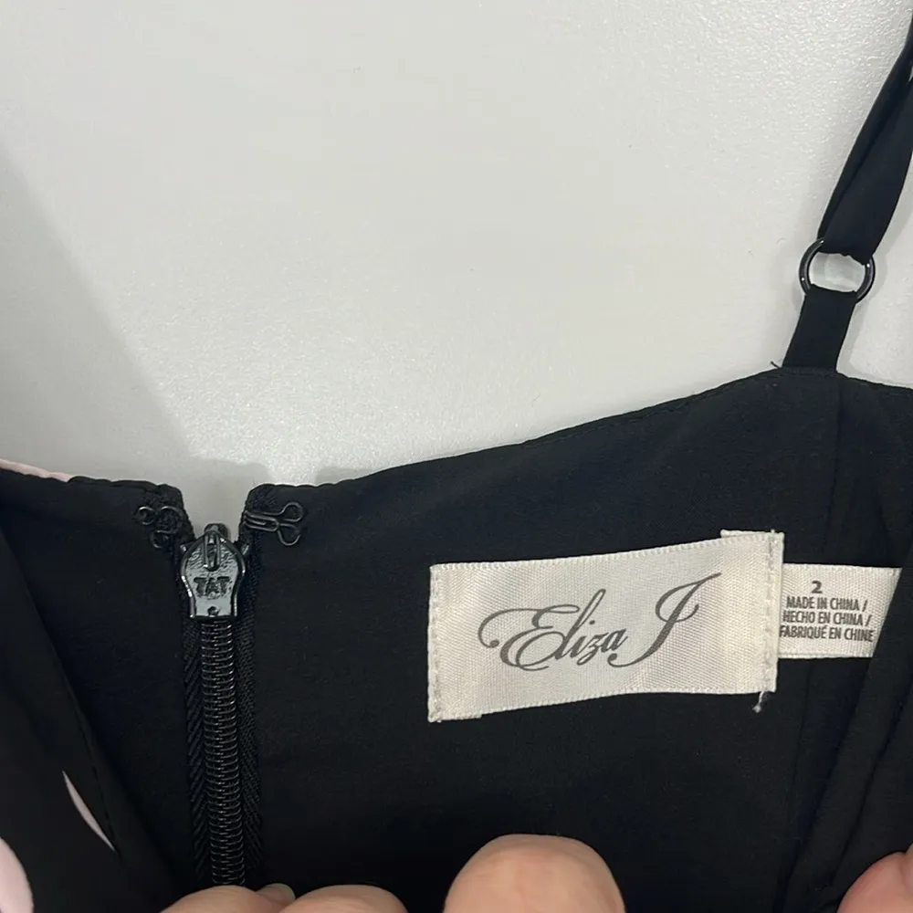 New Eliza J Size 2 Black, Pink Polka Dot Midi V-Neck Asymmetrical Hem Dress - Image 10