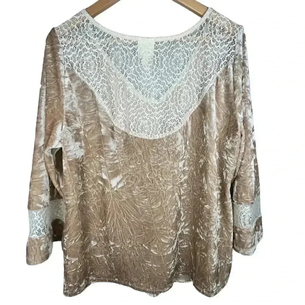 Fig and Flower Women’s Beige Crushed Velvet‎ Bell Sleeve Lace Back Top Large - Image 2