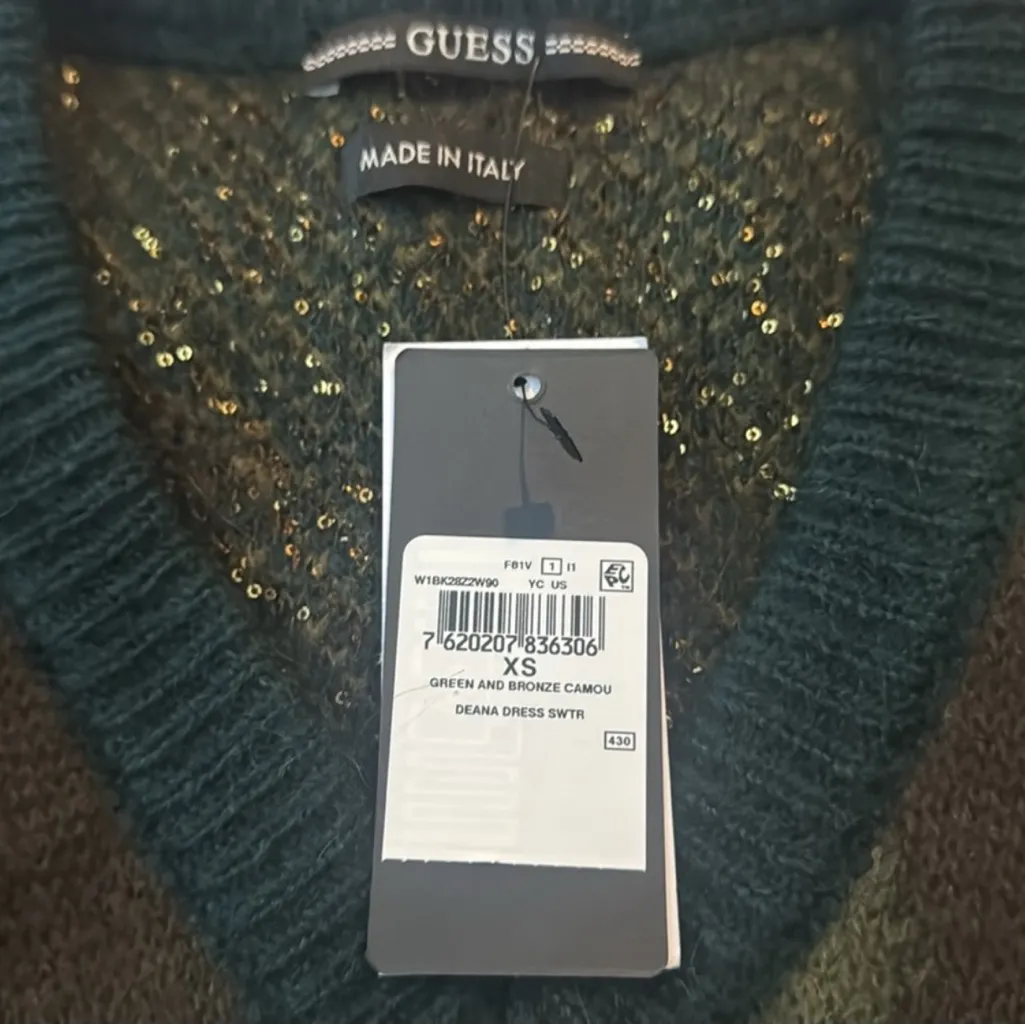 NWT GUESS Deanna Camo Sweater Dress Green Bronze Knit Long Sleeve XS - Image 3