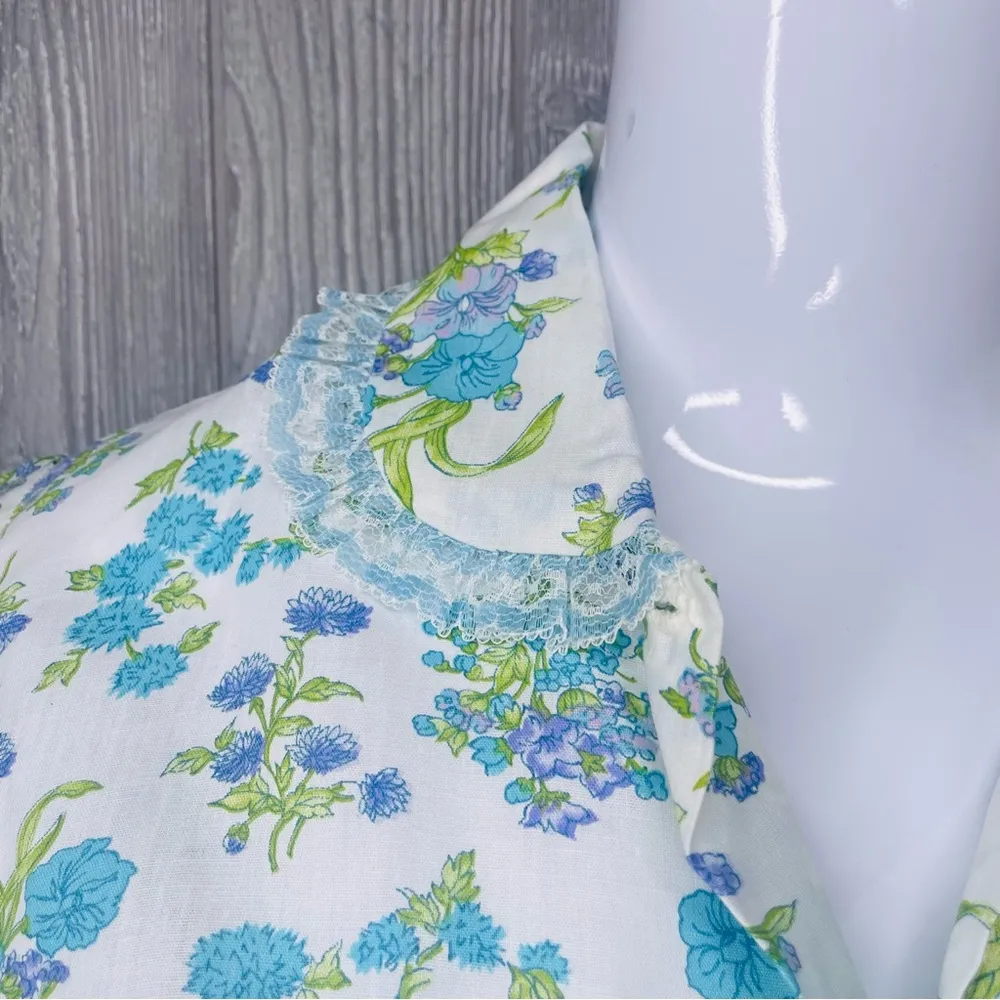 Vintage floral lace collar pajama sleepwear shirt and pants size 38 cotton 1960 Blue Size M - Image 4