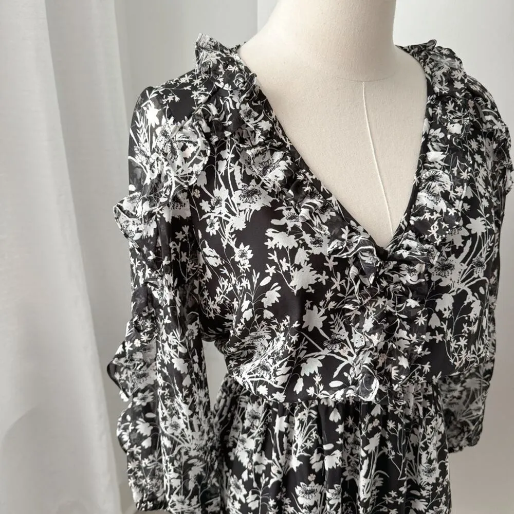 Shoshanna Praiano Black White Floral 3/4 Puff Ruffled Sleeve Silk Mini Dress 4 - Image 5