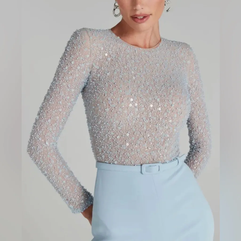 NEW NADINE MERABI Blue Misha Beaded Sequins Long Sleeve Wide Leg Jumpsuit sz 6 - Image 4