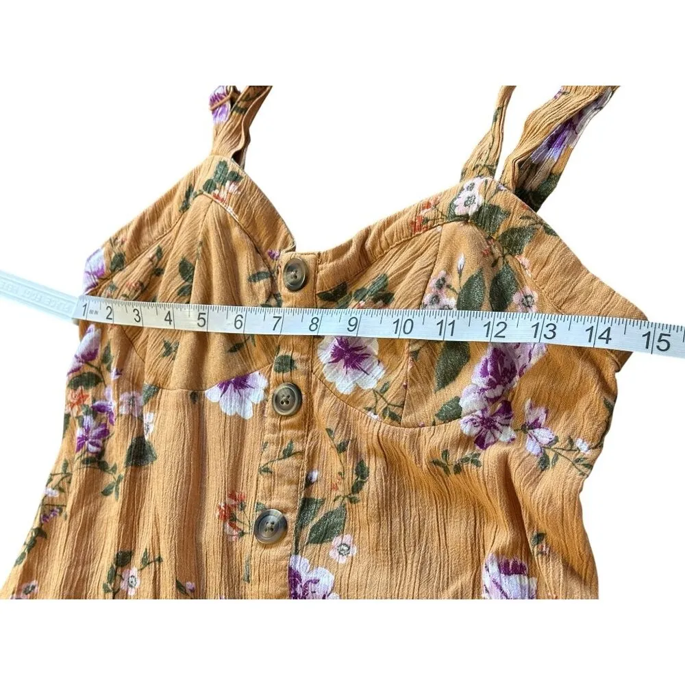 American Eagle Women's Babydoll Sundress Mustard Yellow Floral Smocked Back Cott - Image 5