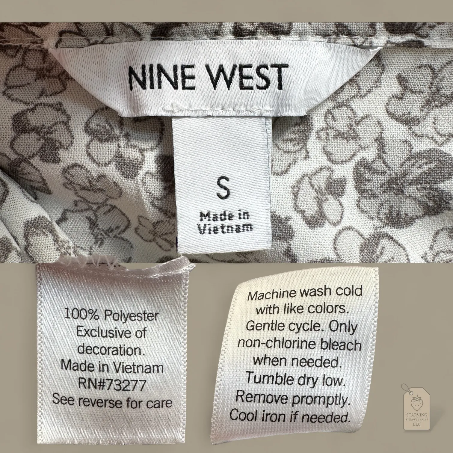 Nine West Black White Floral Peplum Blouse Smocked Waist Puff Sleeve S - Image 5