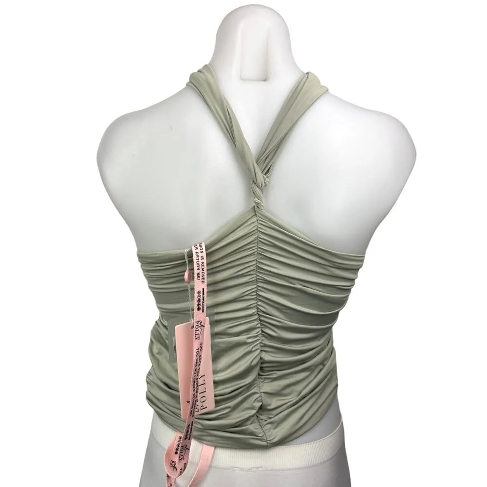 NEW Oh Polly Green Khaki Criss Cross Wrap Halter Ruched Blouse Tank Top Size 4 - Image 2