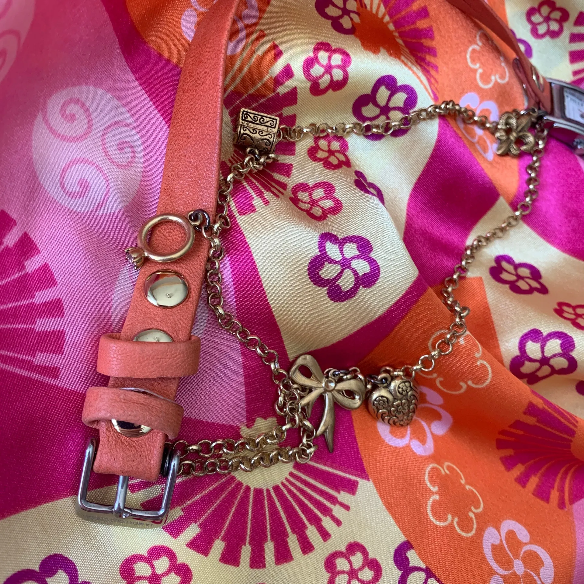 La Mer Coral Silver Toned Wrap Watch with Gold Chain + Charms accents Orange - Image 5