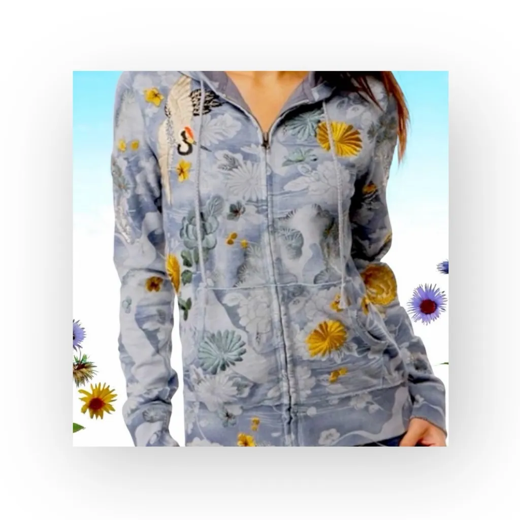 Rare: Y2K Lucky ⚘ Embroidered Asian Crane Zip Hoodie Sweatshirt ⚘ Cloud Blue ⚘ S - Image 2