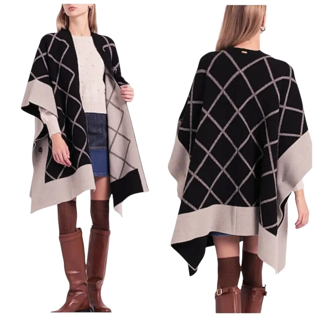 Barbour Modern Heritage Reversible Knit Cape Wrap Poncho OS Geometric  F278 - Image 2
