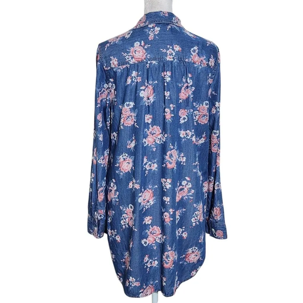 Cato Blue and Pink Floral Chambray Button Down Tunic Shirt Size Medium - Image 2