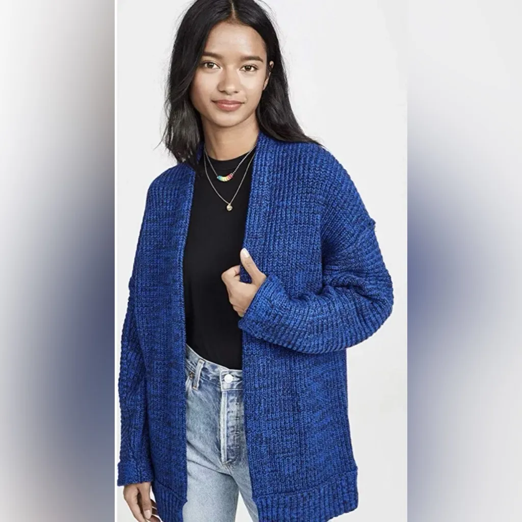 Free People High Hopes‎ Chunky Knit Open Front Cardigan in Blue Combo Size Large - Image 4