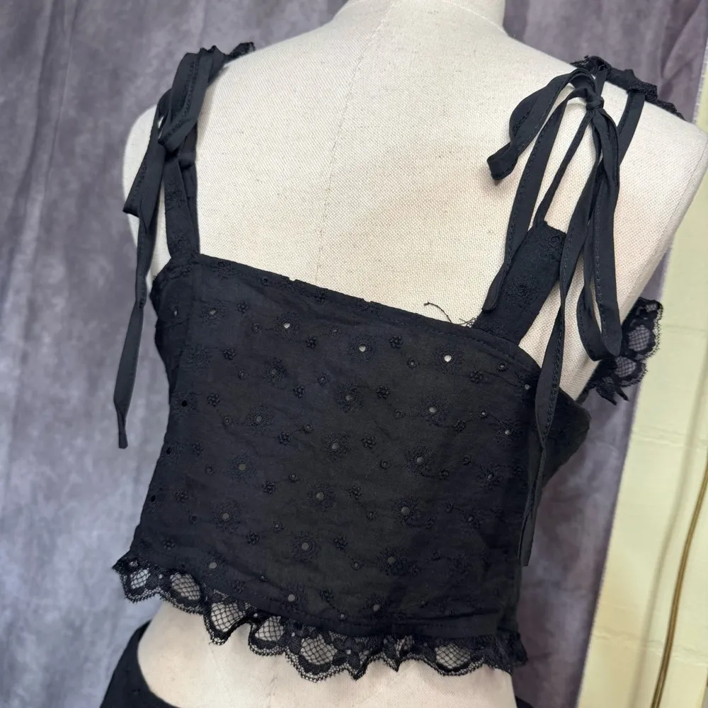2 Pc Set Eyelet Embroidery Lace Tie Front Crop Top and Mini Skirt Set Summer Black - Image 7
