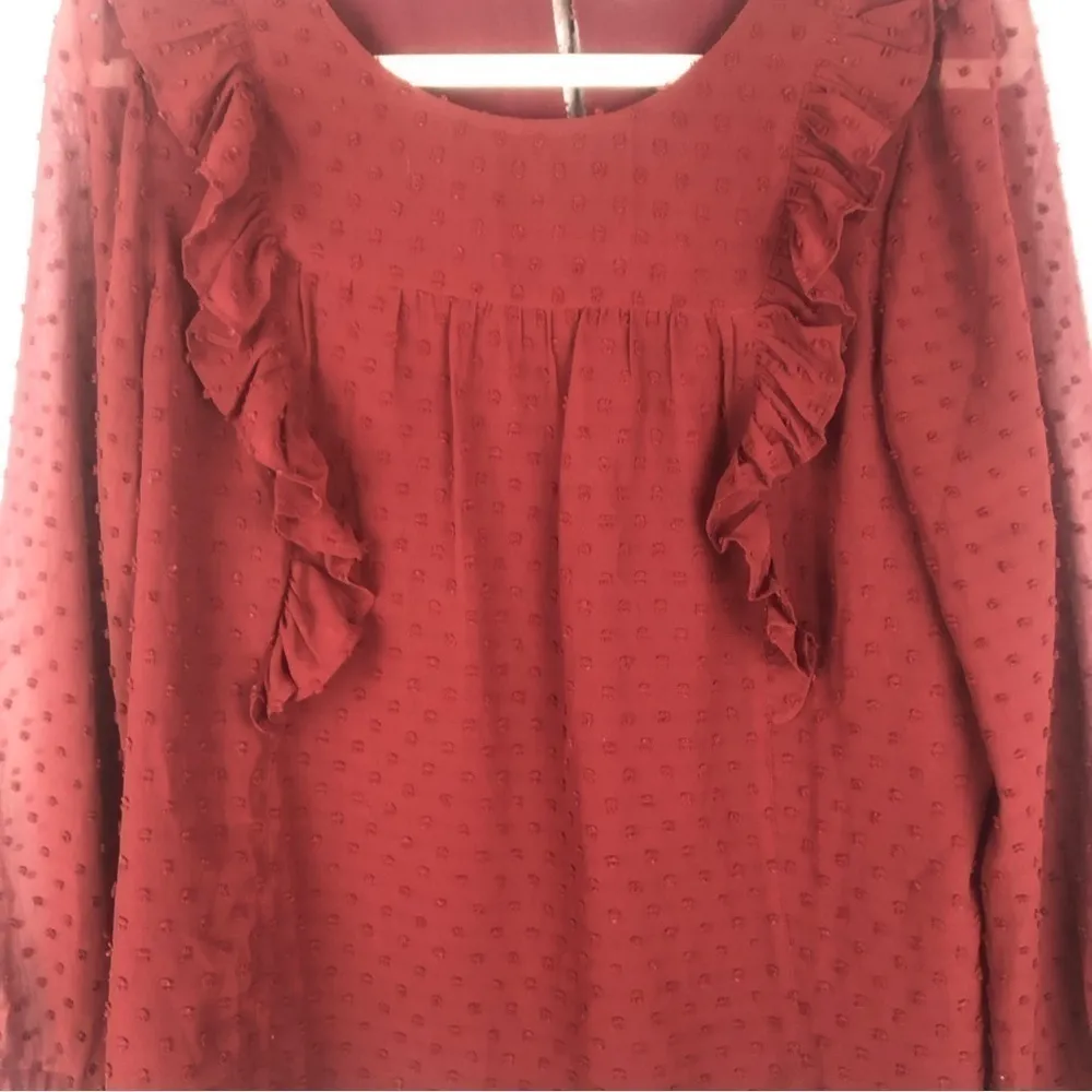 J.Crew red clip dot long sleeve ruffle front blouse size 12 - Image 3