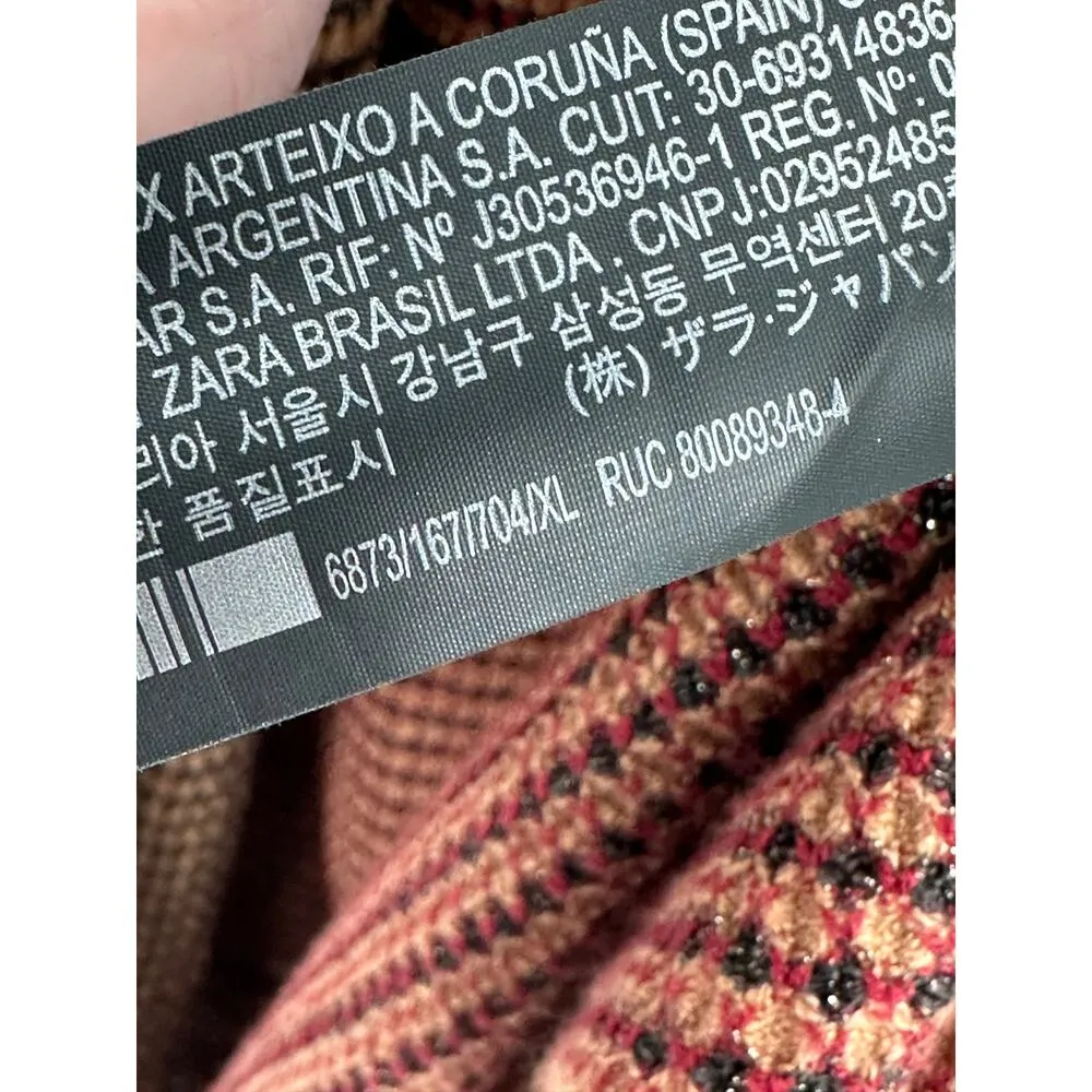 Zara Sweater Women XL Tan Black Red Long Sleeve Open Front Knit Cardigan - Image 7