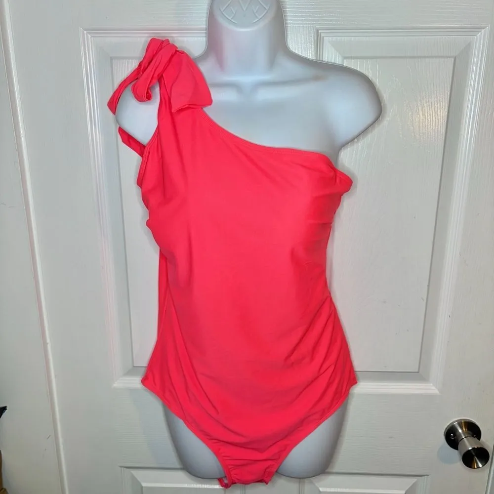 Unique Vintage Bright Coral One Shoulder One Piece Swimsuit Bow Tie XXL NWT - Image 4