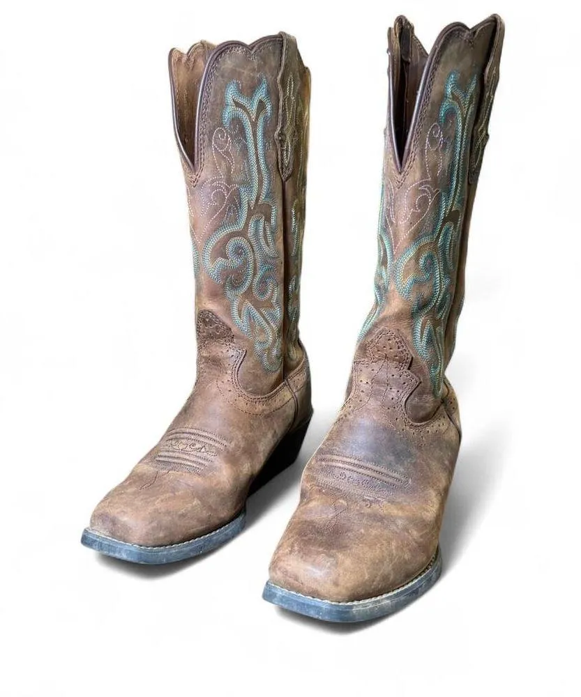 Justin Women's 12" Square Toe Stampede Western Cowboy Brown Boots size 7.5 - Image 3