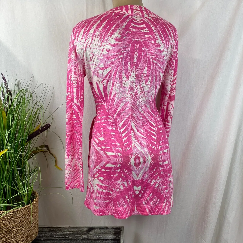 Bylyse 100% Linen Pink & White Print Wrap Mini Long Sleeve Tunic Top NEW S Size undefined - Image 3
