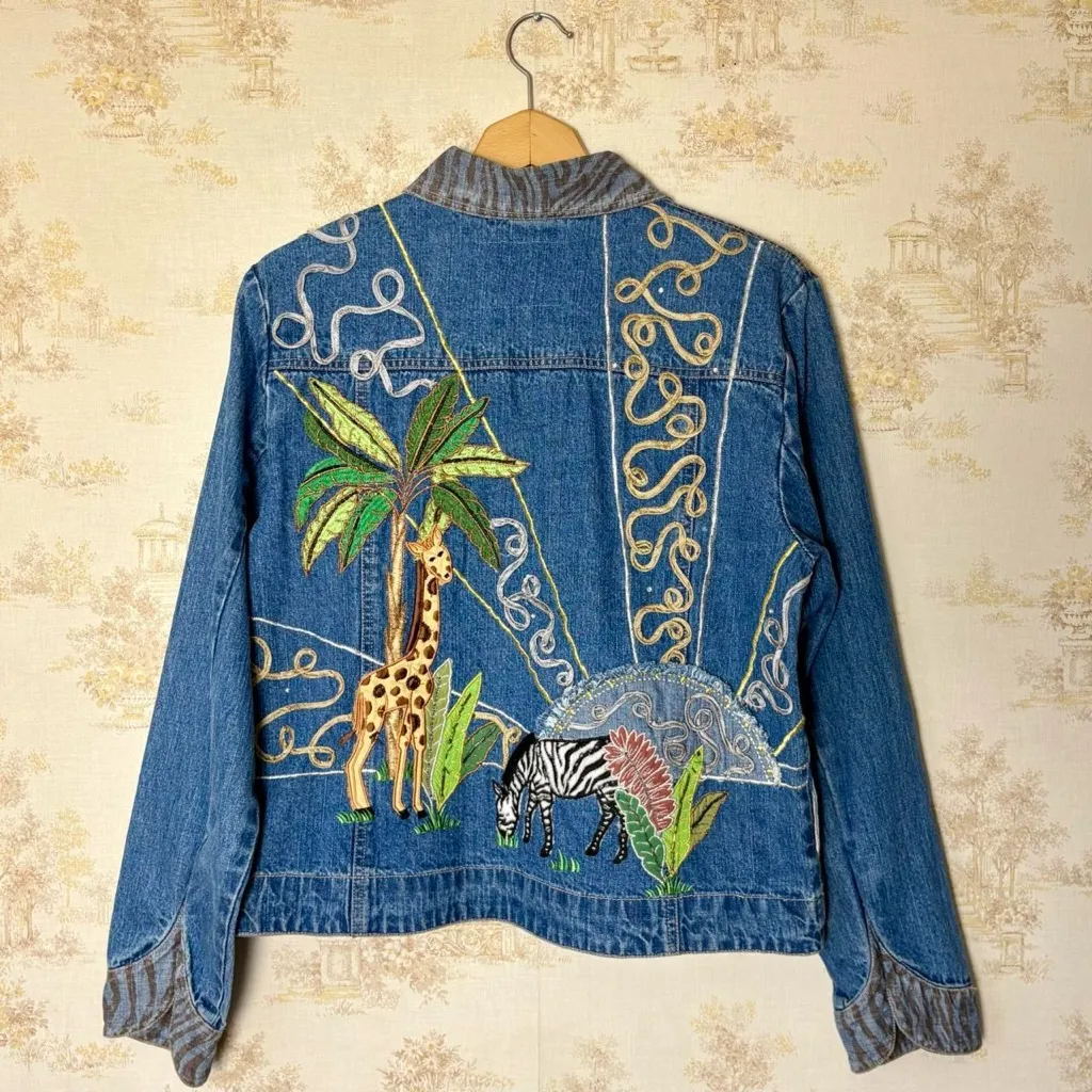Vintage Bleu Bayou embroidered giraffe koala bear zebra animal denim jean jacket Blue Size M - Image 2
