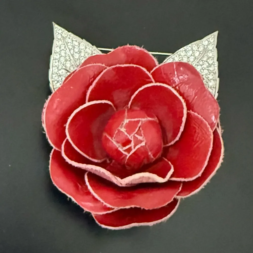 Vintage SWAROVSKI Swan Signed Red Leather Camellia Flower Pave Leaves Brooch 31g - Image 2