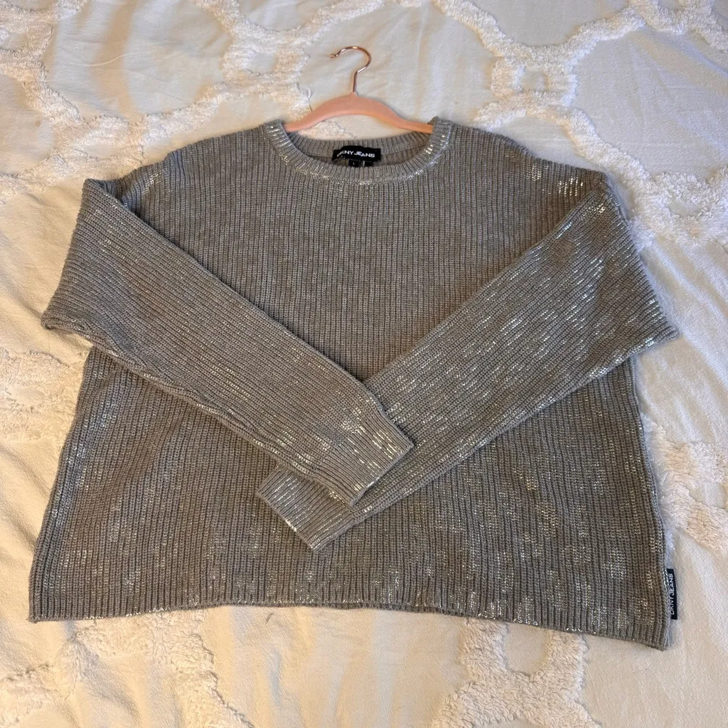 DKNY Jeans 100% Cotton‎ Gray & Metallic Silver Animal Print  Size L Crew Sweater - Image 14