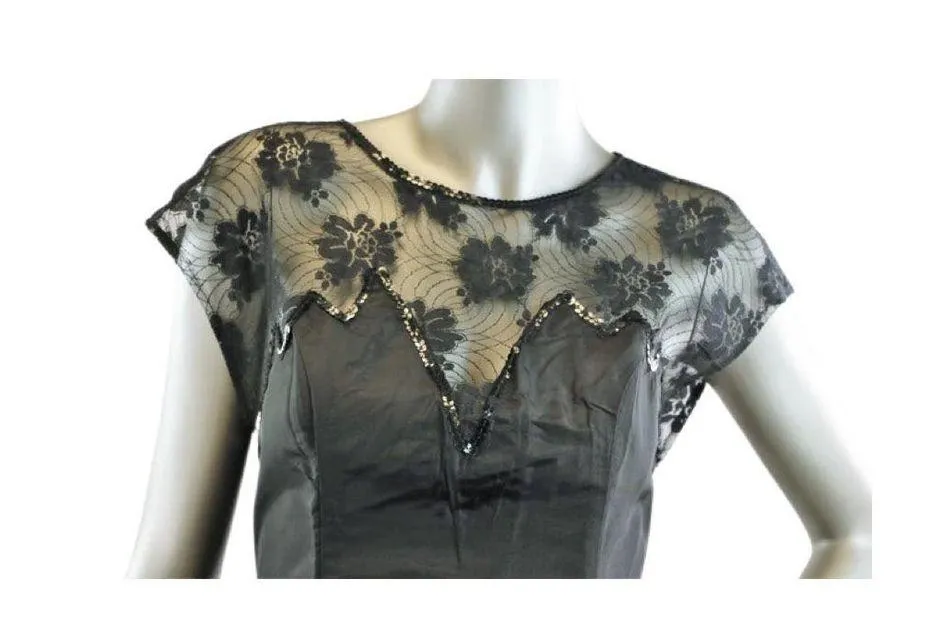 Vintage 1980s Orleon de Paris Black Dress with Floral Lace and Sequins Medium - Image 2