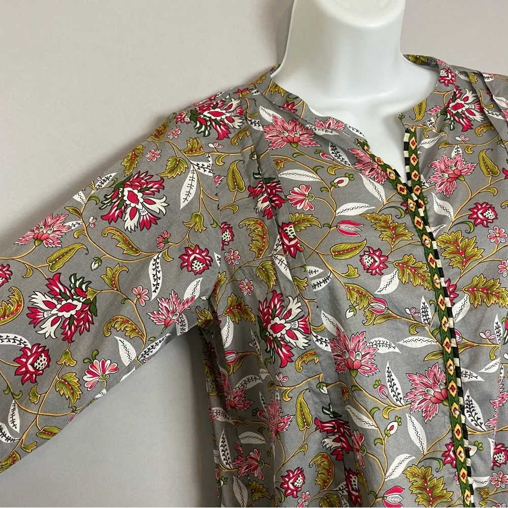 Sapphire Tunic Top Beaded Floral Pakistan Gray Long Sleeve Drawstring Cotton Med - Image 12