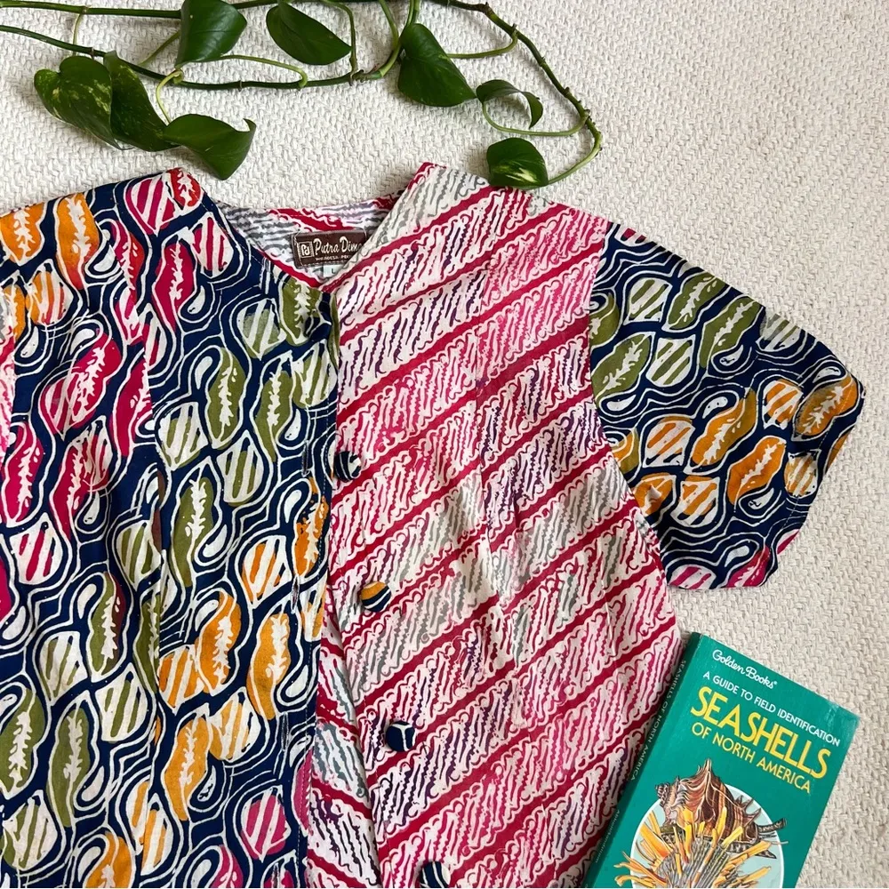 Vintage 90s Patchwork Tribal Print Button Down Shirt Red - Image 3