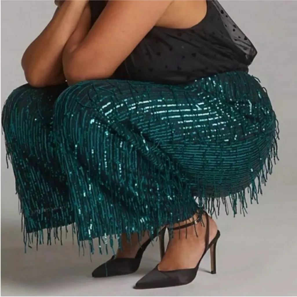 Anthropologie Maeve Sequin Embellished Trousers in Green Black Sparkle - Image 2