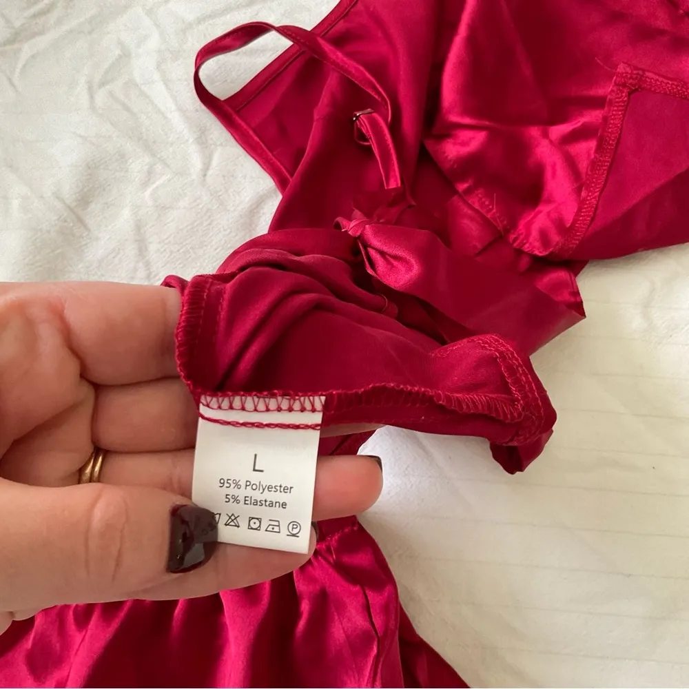 Women Satin Two-Piece Pajama Set Cami Top & Rufle Hem Shorts PJ Set Red Large - Image 6