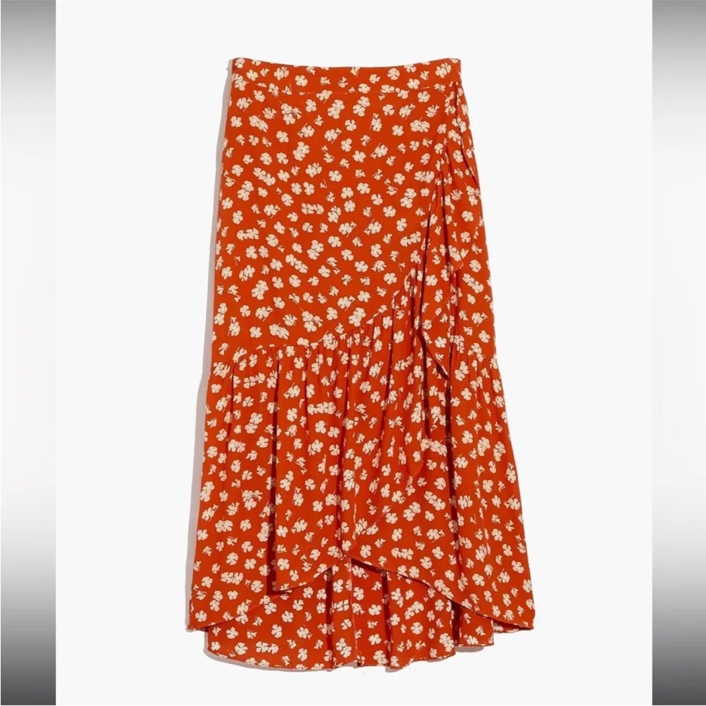 Madewell Ruffle Wrap Midi Skirt Orange Floral Long Modest Size 4 AO371 - Image 2
