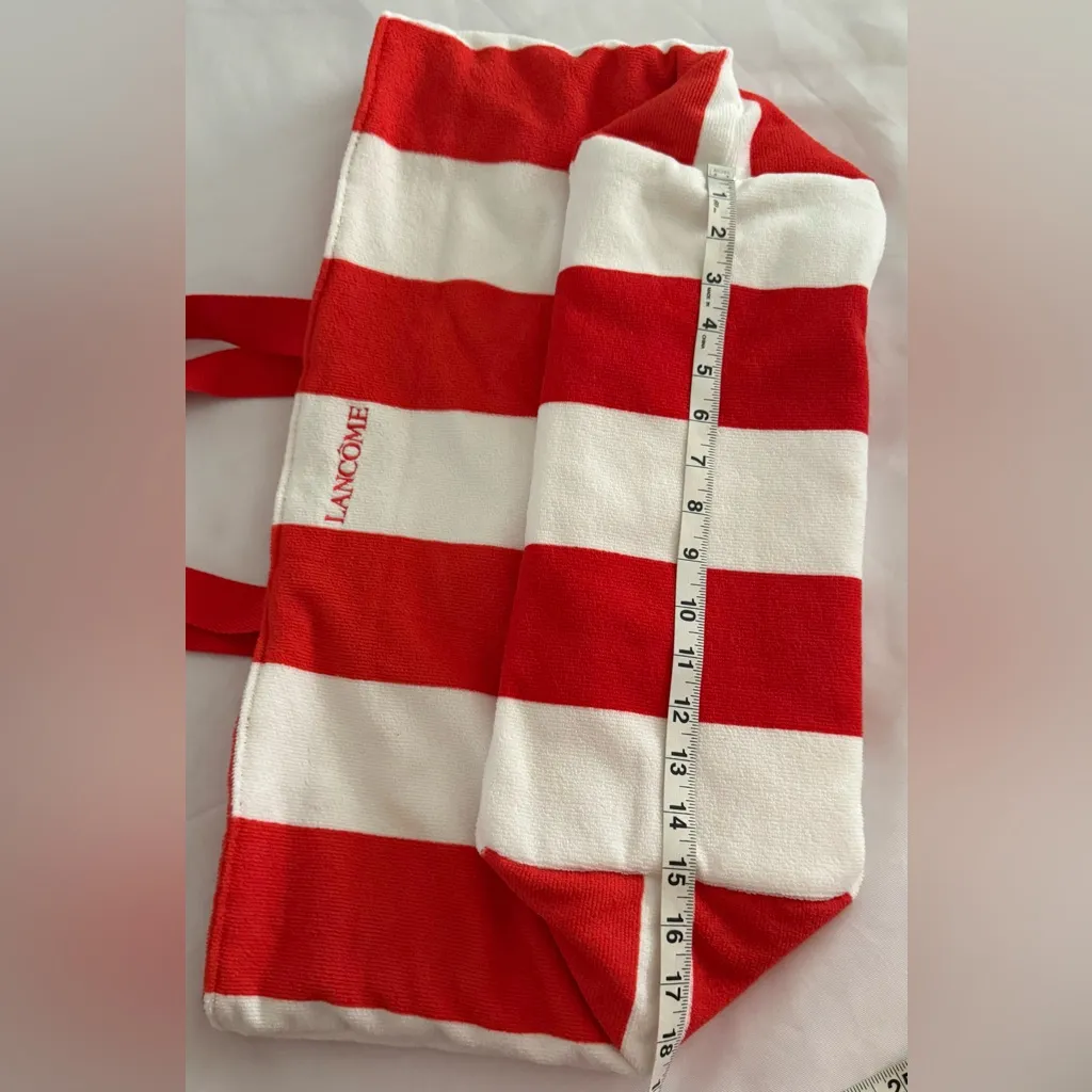 Lancome Beach Towel Tote Bag Red/Orange White Large Striped Overnight Bag Red - Image 8