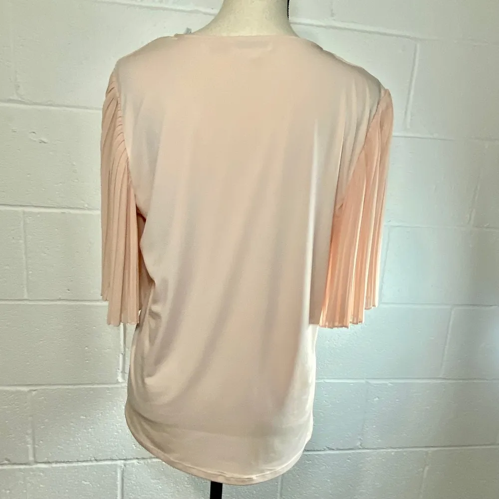 Calvin Klein Pale Pink V-Neck Blouse with Pleated Fan Sleeves - Image 2
