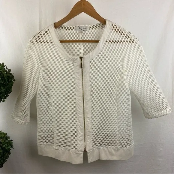 Lena Gabrielle White Sheer Netted Faux Leather Zip Up Cutout Accents Jacket 10 - Image 2