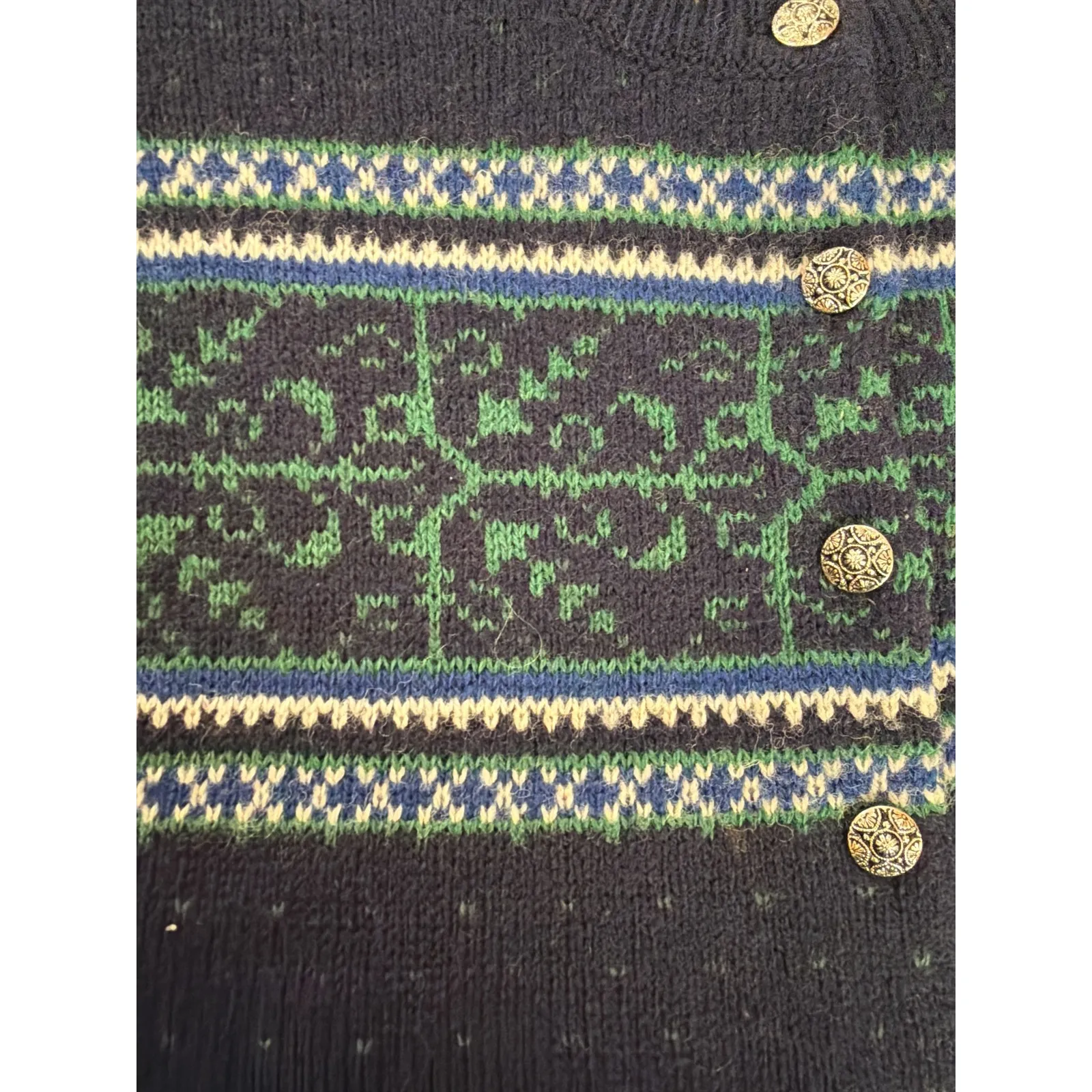 Vintage LL Bean Shetland Wool Cardigan Sweater Fair Isle Nordic Blue Size Medium - Image 5