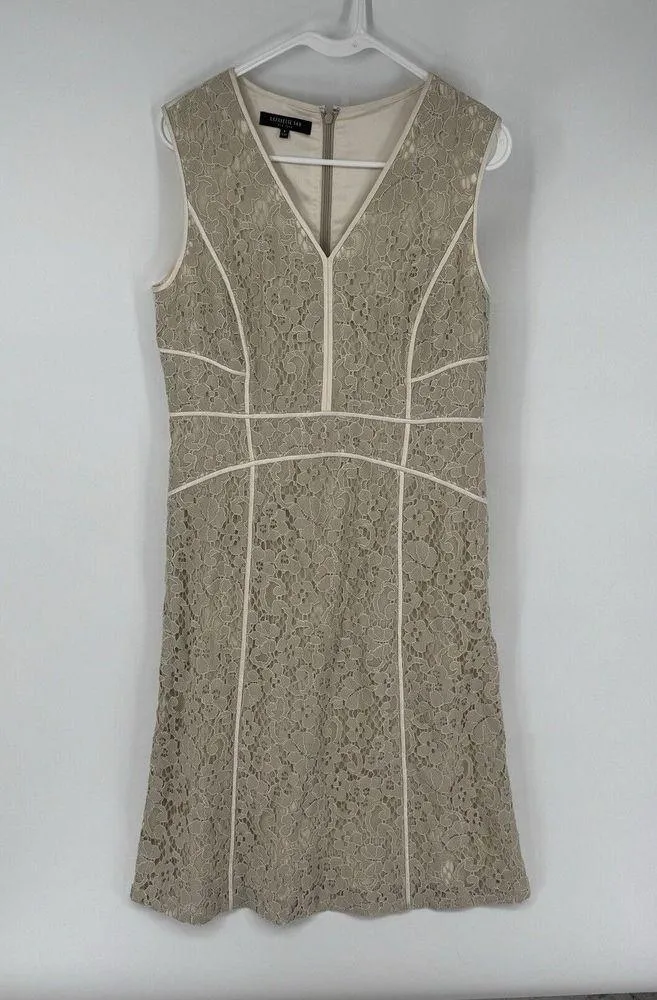 Lafayette 148 New York Women's Sleeveless V Neck Lace Overlay Dress 6 Bone Cream Tan - Image 2