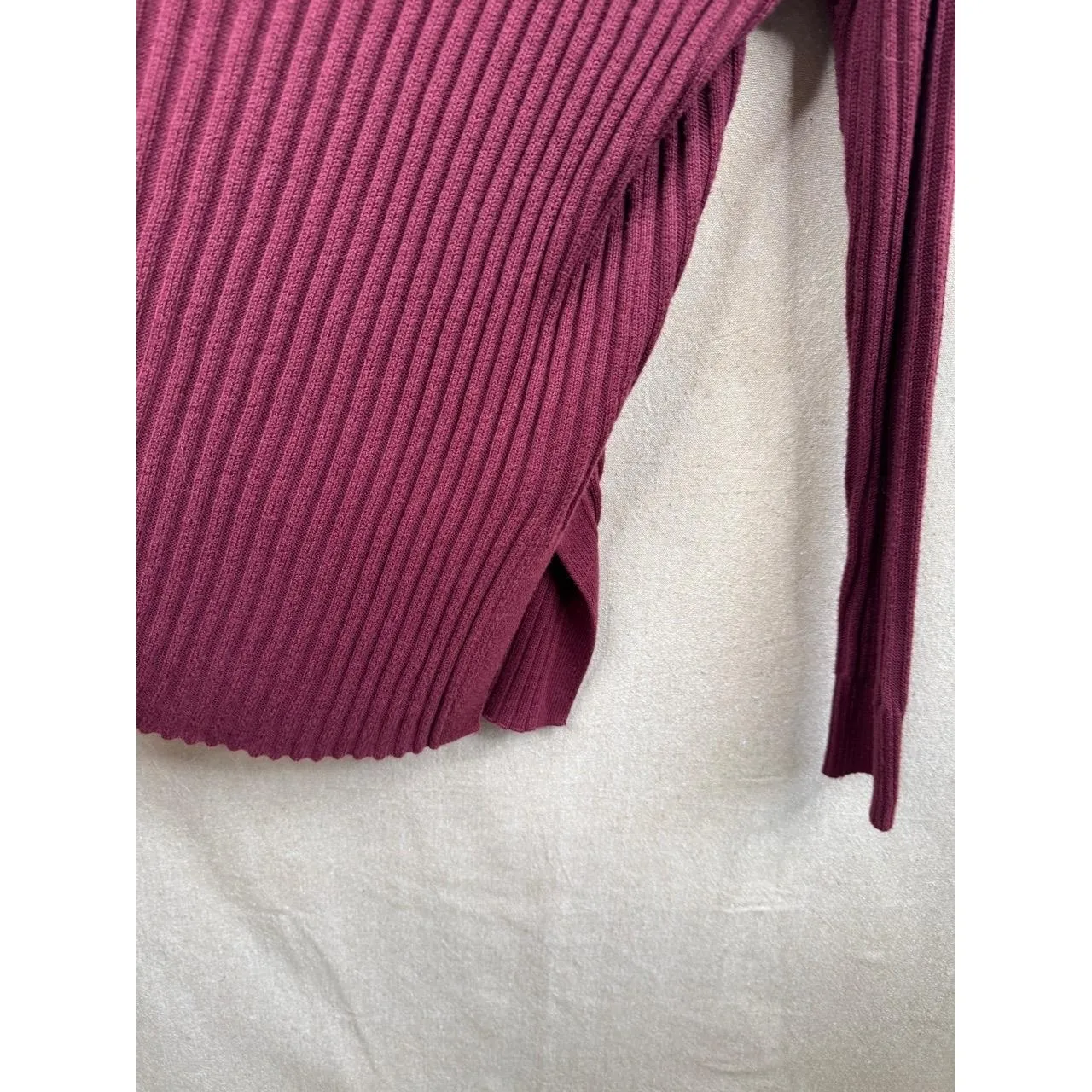 Open Edit Size S Ribbed Knit V-Neck Long Sleeve Top Burgundy Asymmetrical Neck - Image 6