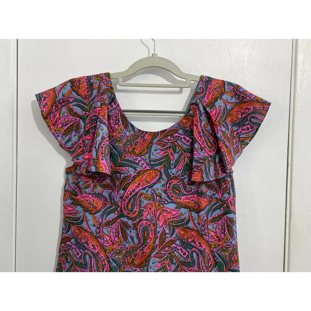 J Crew Silk Dress Size 2 Pink Paisley Ruffled Preppy Country Club Spring - Image 4