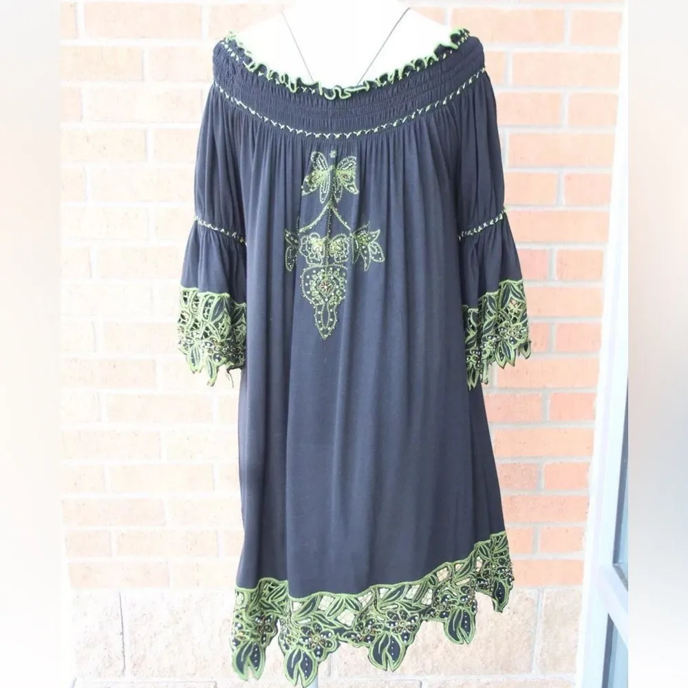 NWT URBAN MANGO Western Black Embroidered Off Shoulder Babydoll Dress Mini M - Image 10