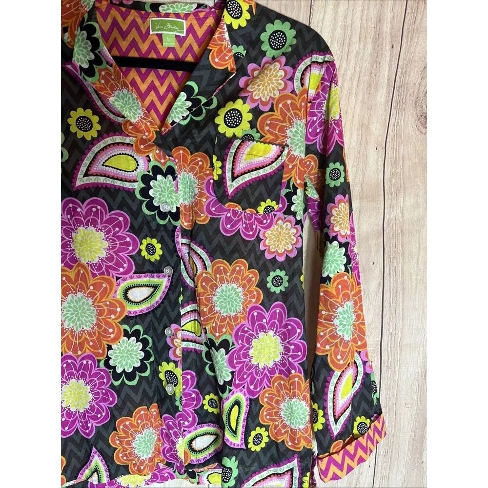 Vera Bradley  Women M 10 Blouse Top Shirt Contrast Black Orange Green Yellow Pink - Image 2