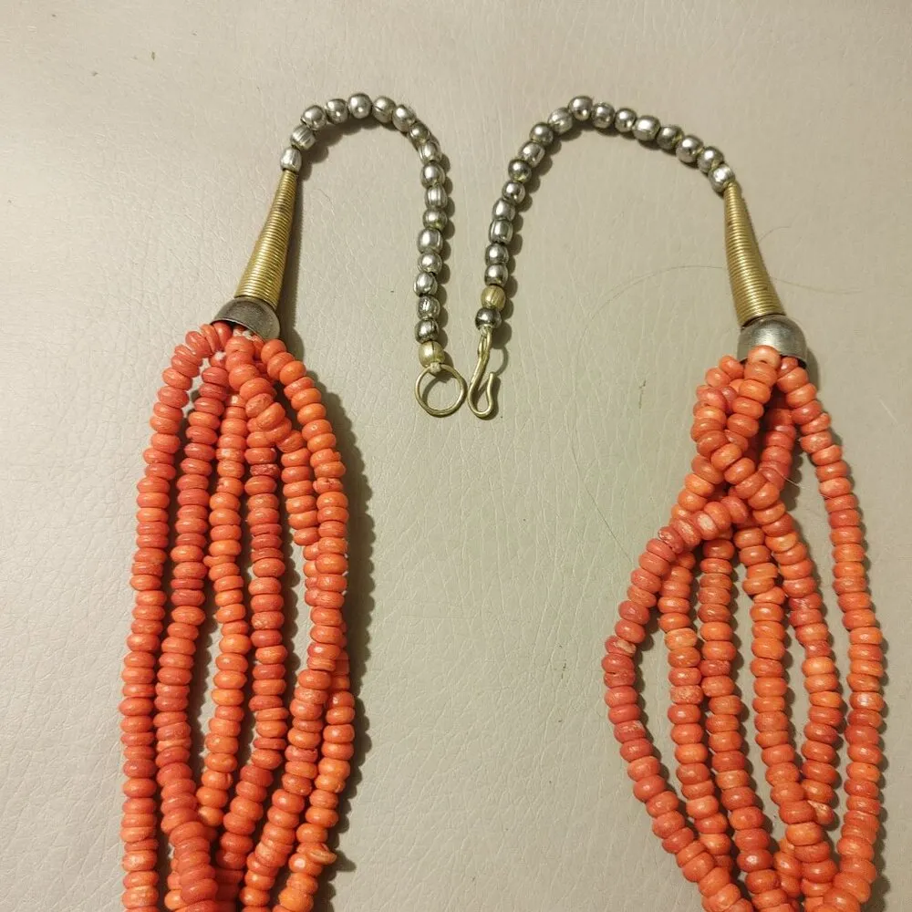 Orange Native Necklace Vintage 6 Multi Strand Glass Coral Brass Circular Pendan - Image 7